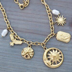 Sun/Moon Charm Style Cable Chain Necklace 18k Gold Plated Stainless Steel